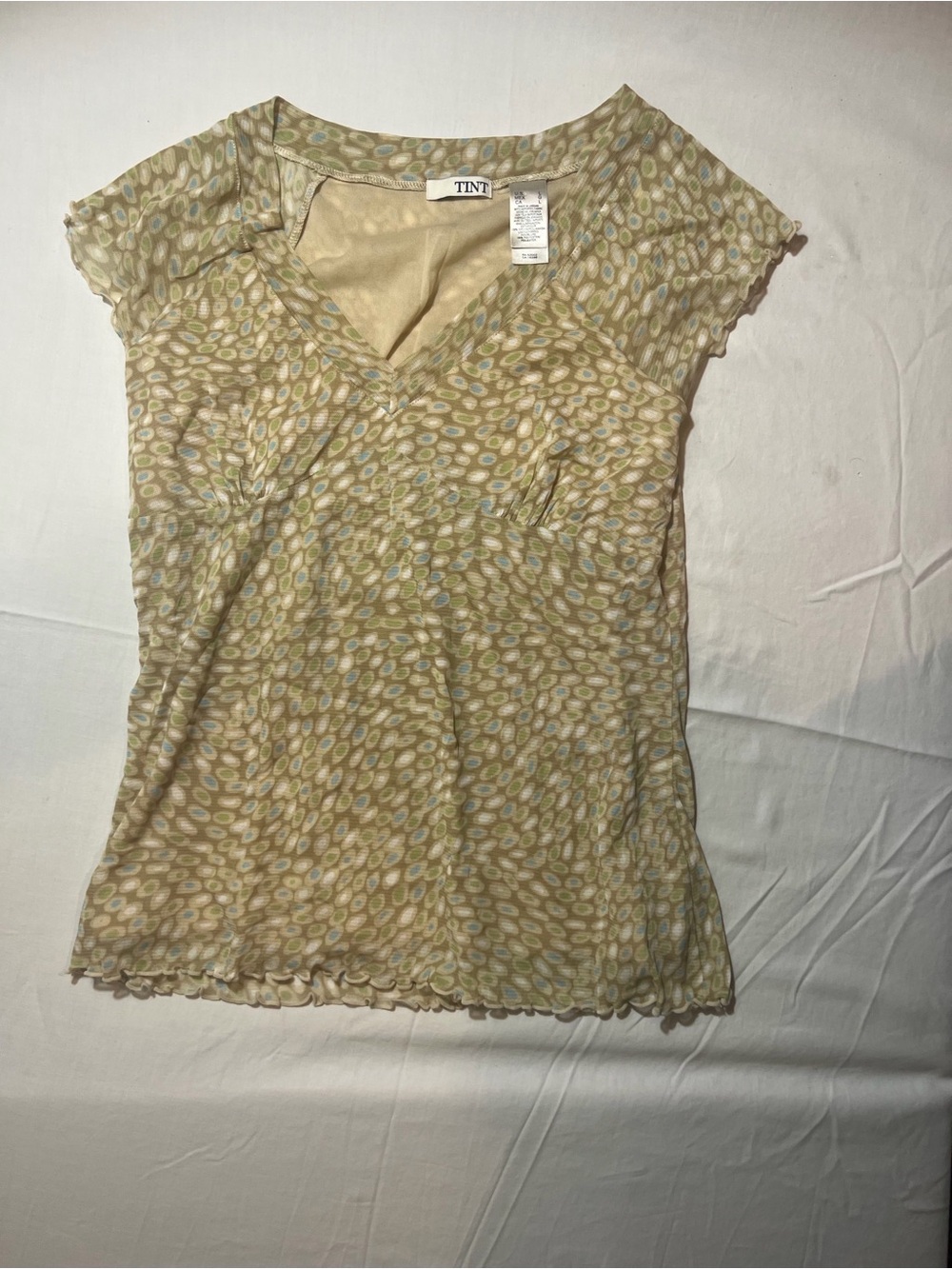 TINT Women Geometric Print Mesh V-Neck Blouse Tan Green Blue Size Large